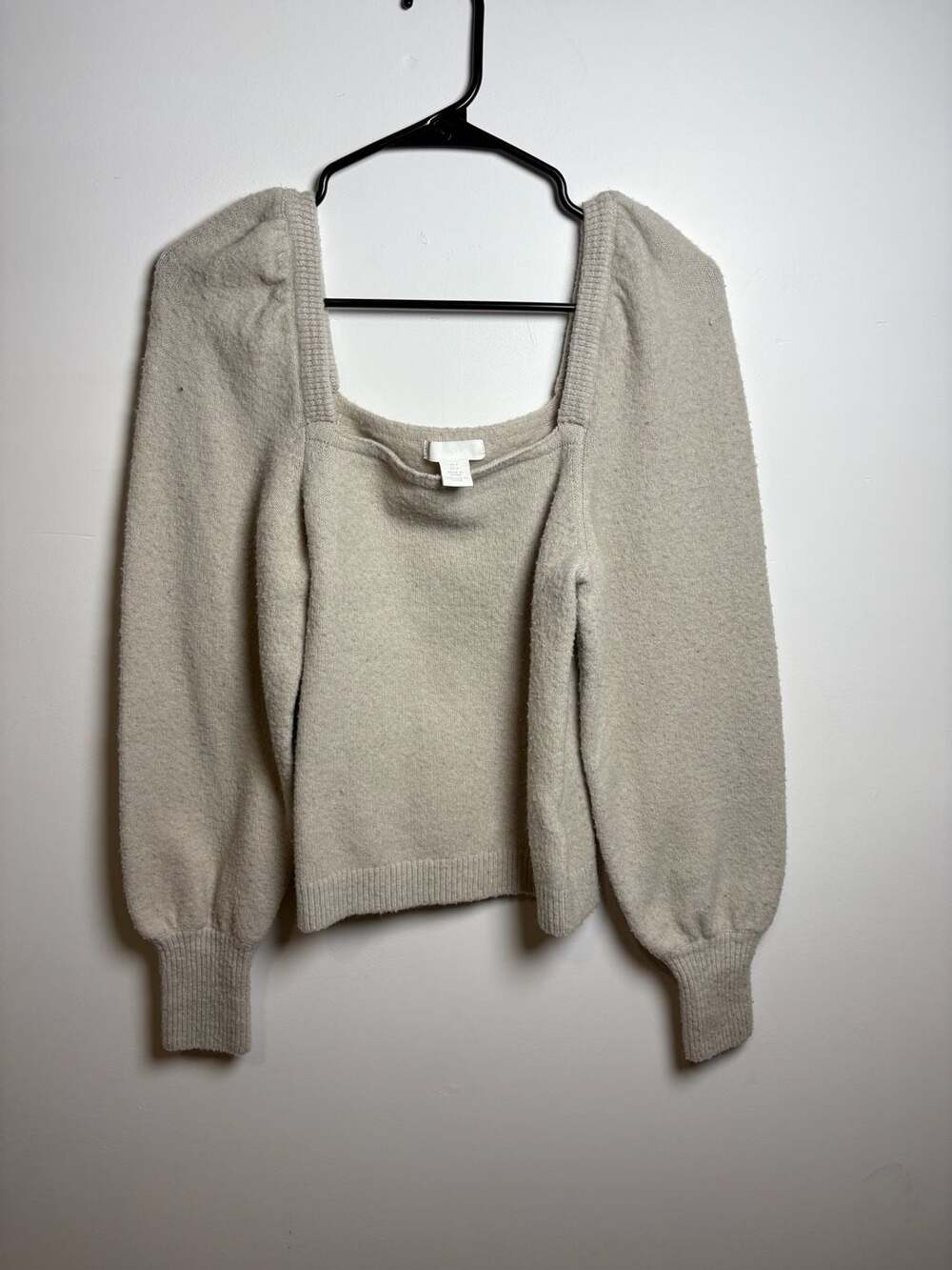 H&M Women's Oatmeal Square Neck‎ Puff Sleeve Sweater